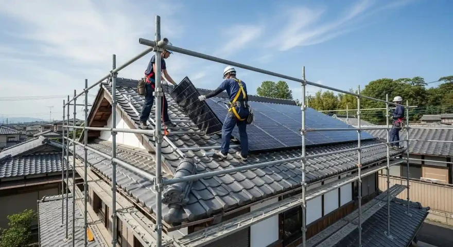 屋根の太陽光パネル撤去工事を行う専門業者の作業風景