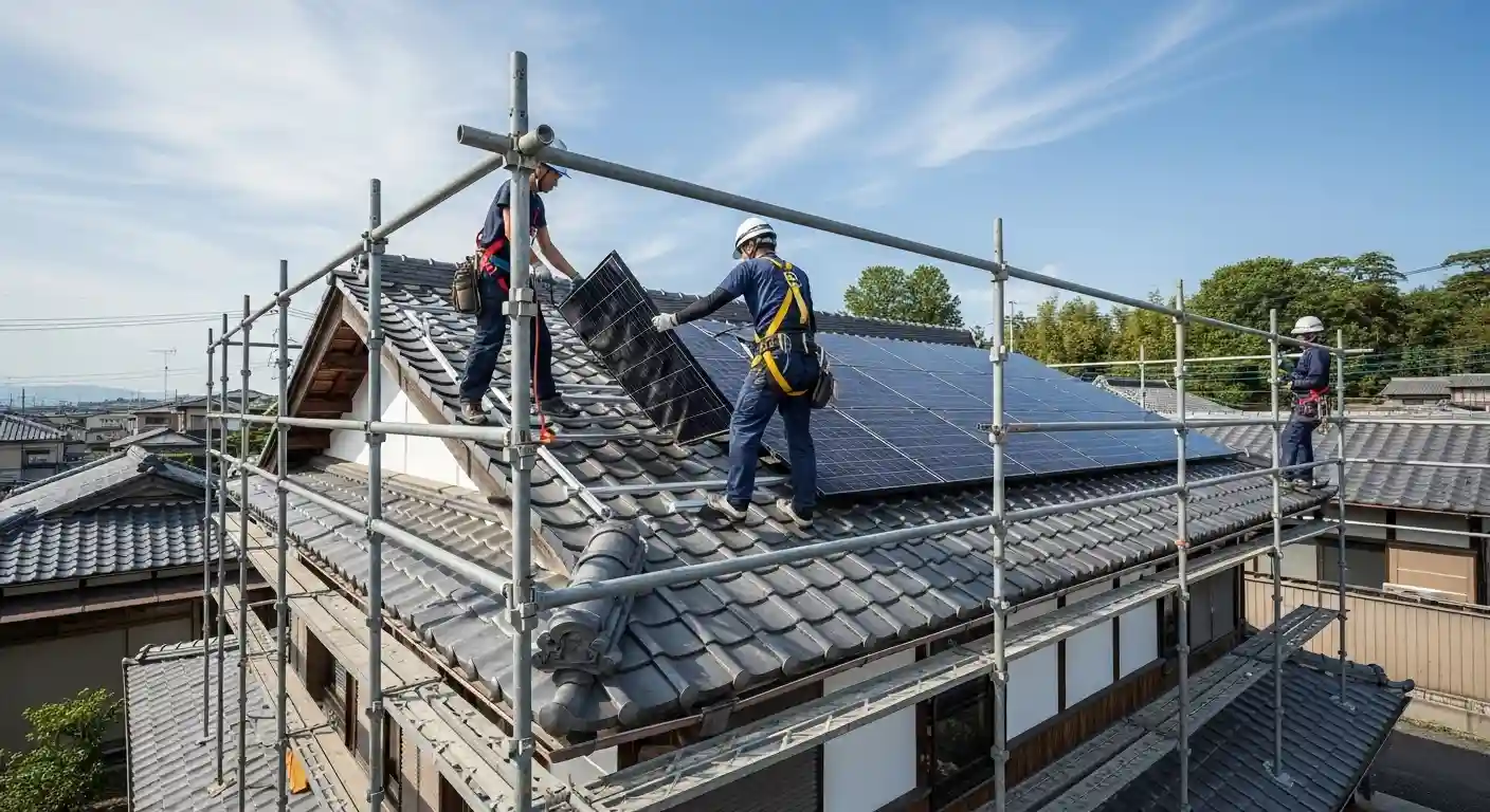 屋根の太陽光パネル撤去工事を行う専門業者の作業風景
