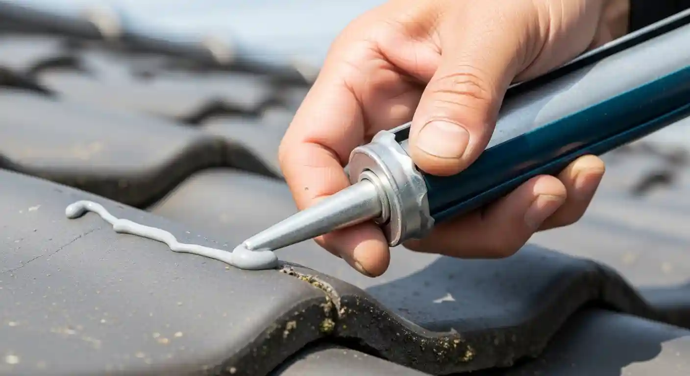 架台を取り外した後の屋根穴をコーキングで防水処理している様子。