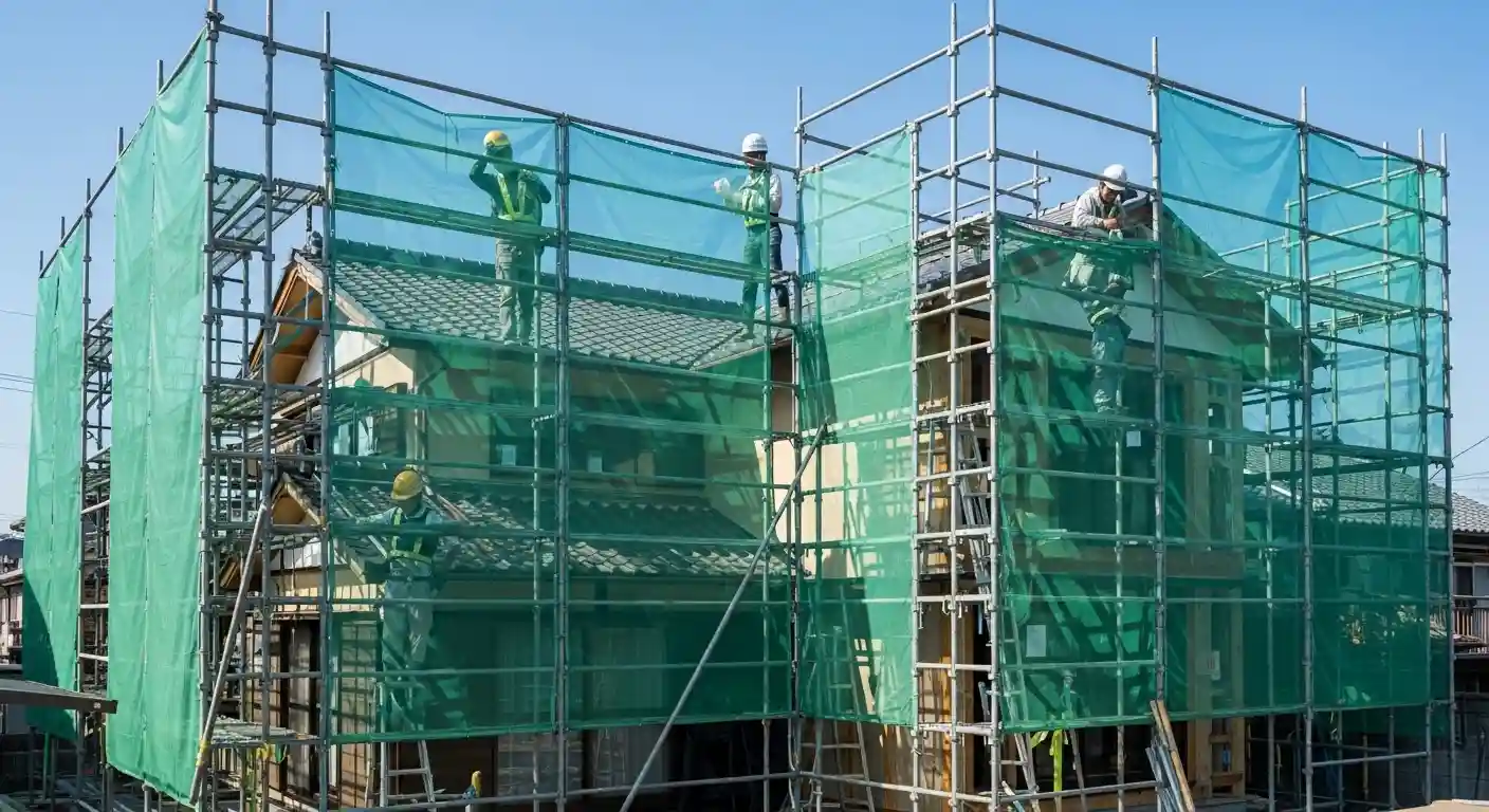 屋根作業のために住宅の周囲に設置された安全な足場。