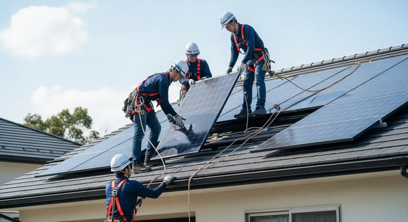 2026年最新のソーラーパネル撤去作業。専門業者による安全な取り外しと廃棄処分の工程。