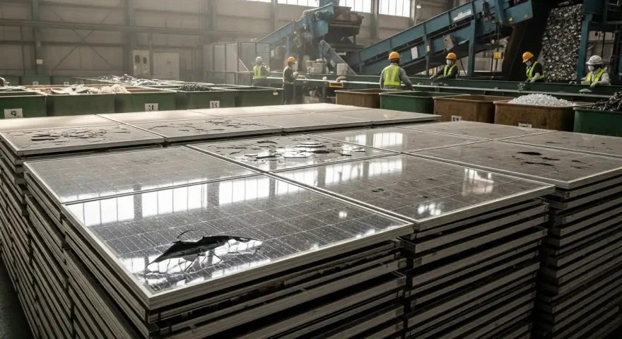 大量廃棄問題を象徴する、リサイクル施設に積み上げられた使用済みの太陽光パネル