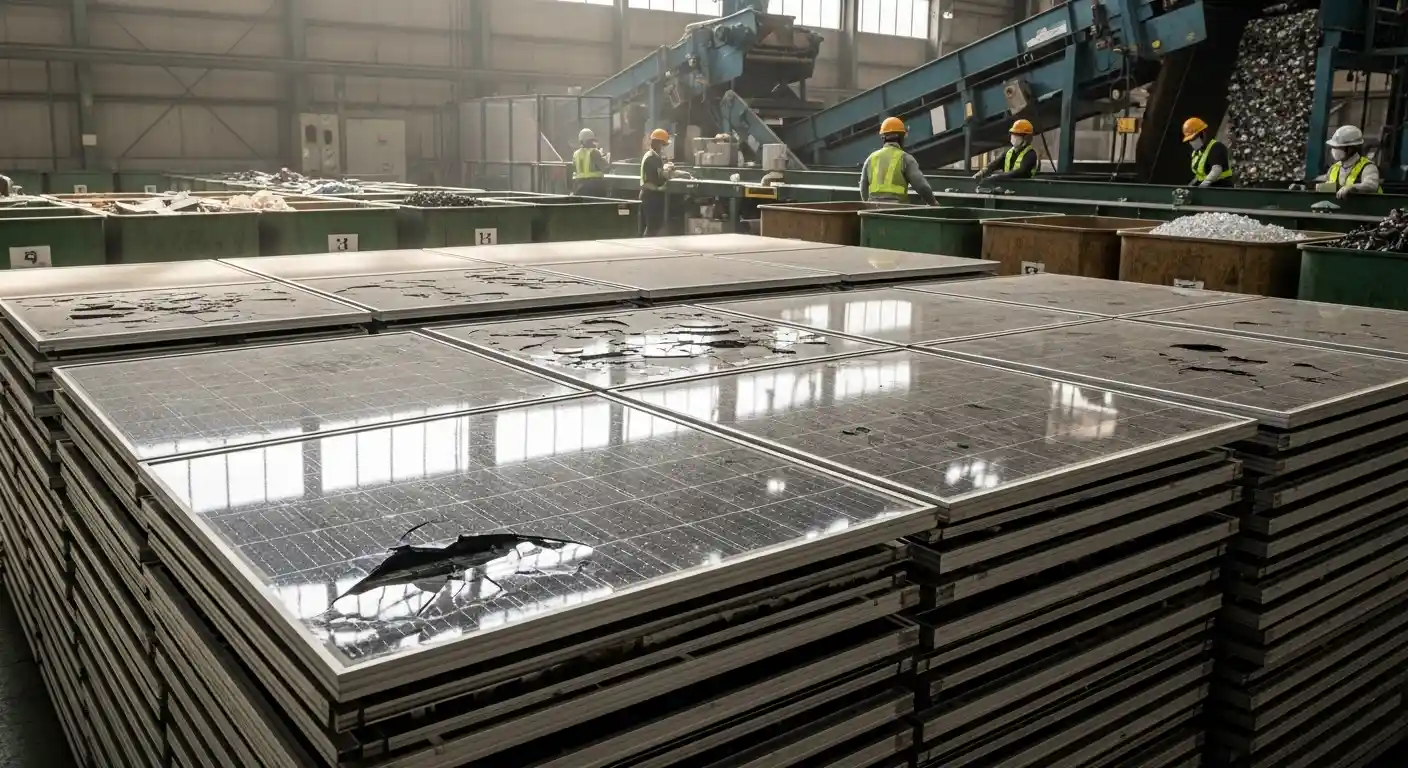 大量廃棄問題を象徴する、リサイクル施設に積み上げられた使用済みの太陽光パネル