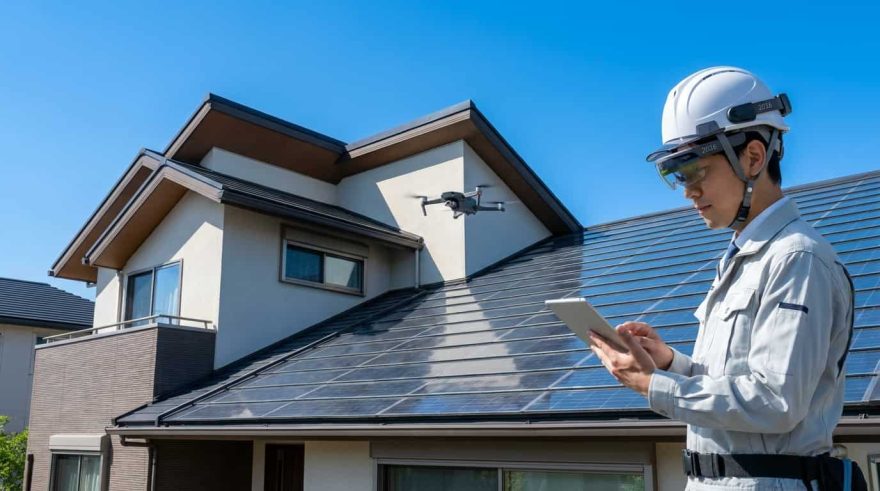 2026年最新の住宅用ソーラーパネルの点検を行う専門スタッフの様子