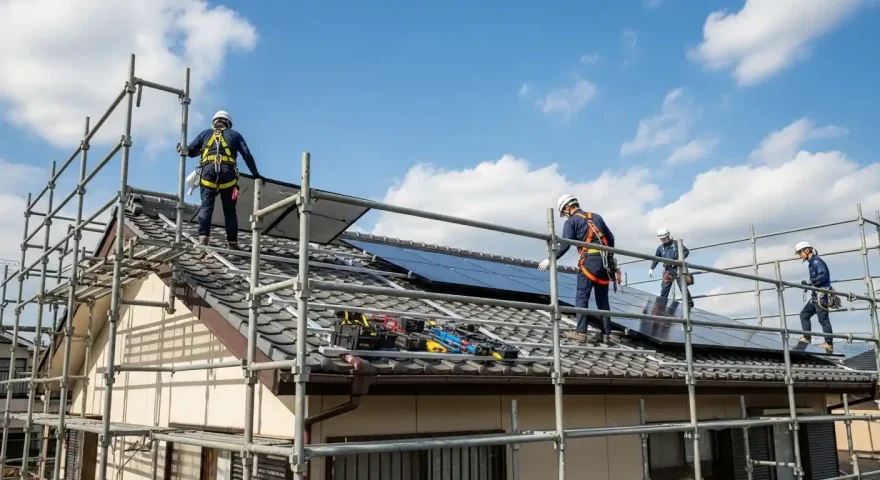 住宅の屋根から太陽光パネルを安全に撤去する専門業者の作業風景