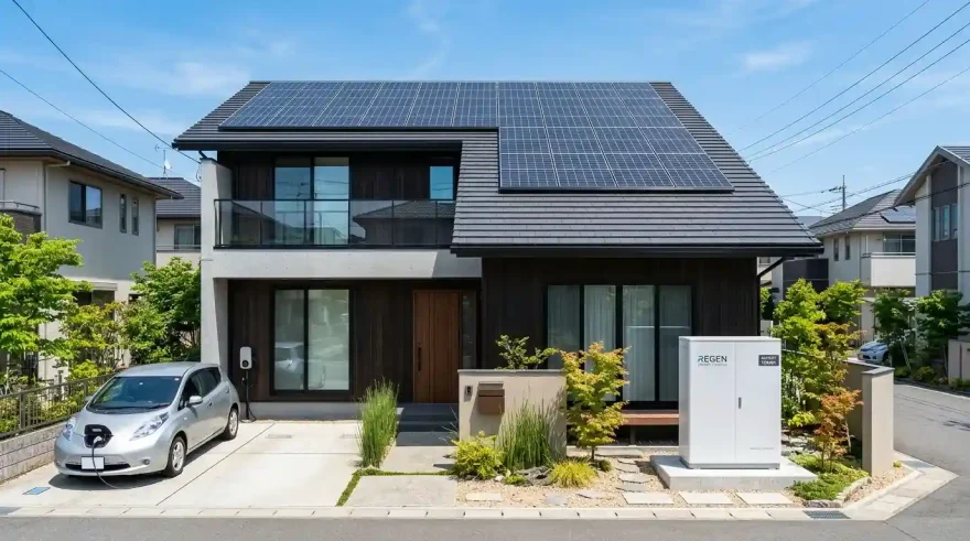 太陽光発電システムと連携して設置された家庭用蓄電池のイメージ