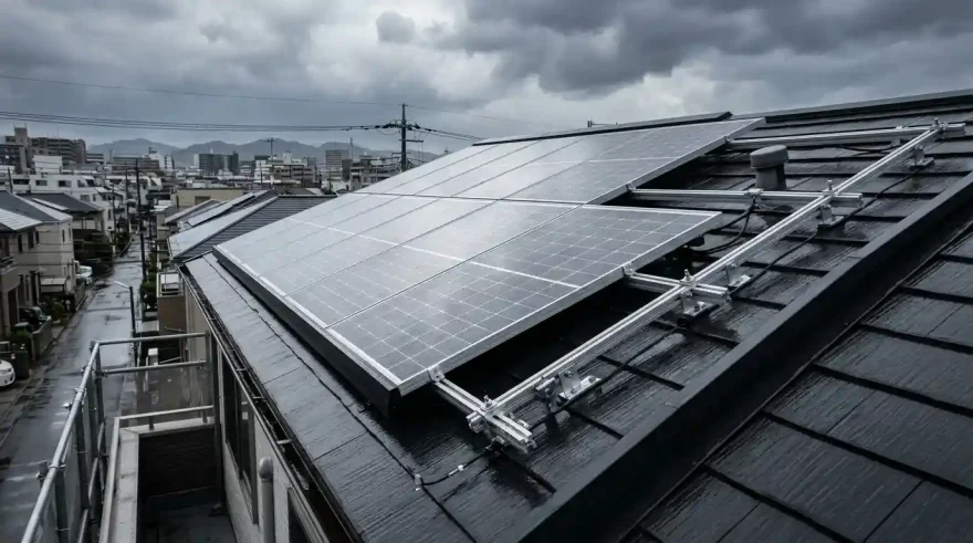 台風通過後に点検を受ける住宅の太陽光パネル設備
