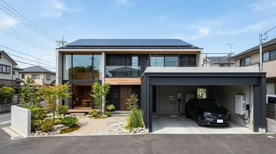 住宅の屋根に設置された太陽光パネルとガレージ内の家庭用蓄電池システム