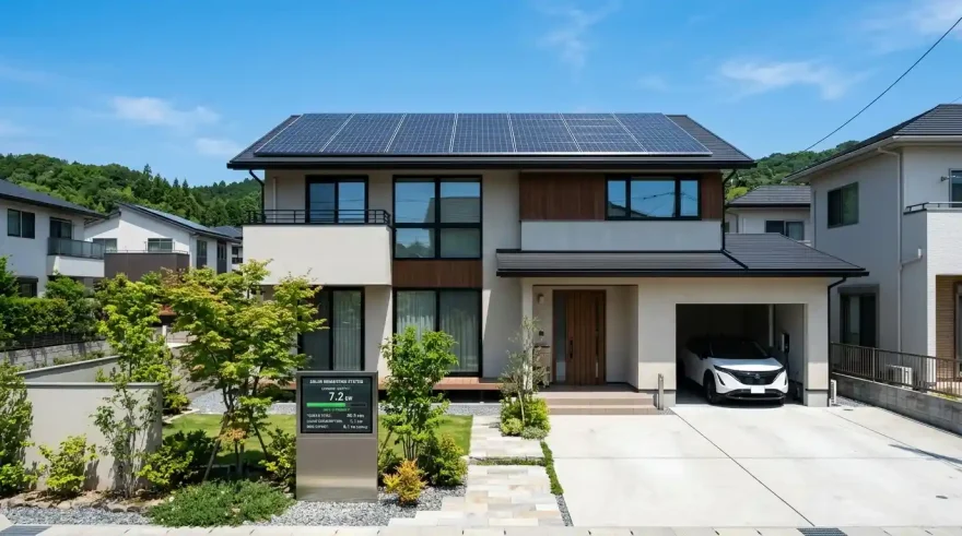 青空の下で効率的に太陽光発電を行う住宅のソーラーパネル設備