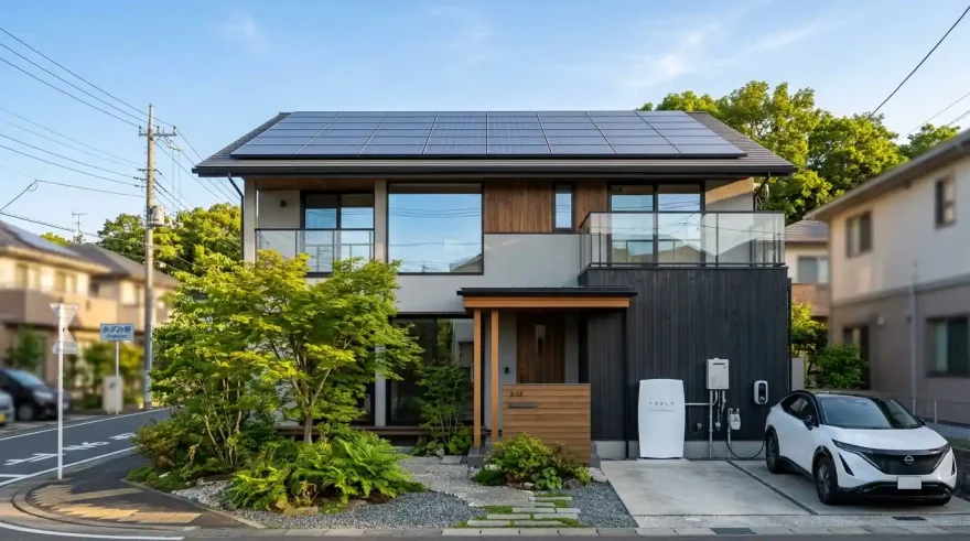 朝の光を浴びる屋根上の太陽光パネルと壁面に設置された家庭用蓄電池システム