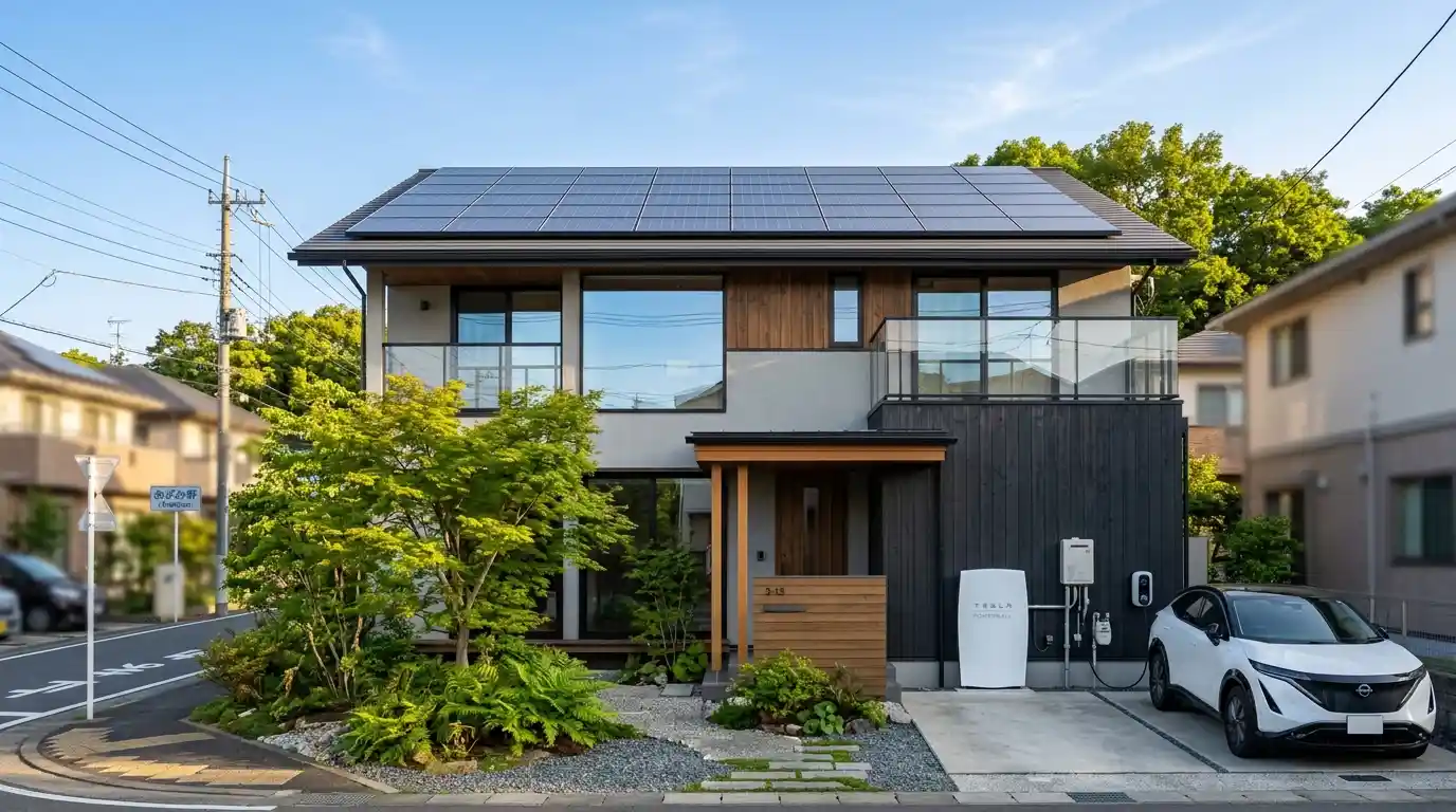 朝の光を浴びる屋根上の太陽光パネルと壁面に設置された家庭用蓄電池システム