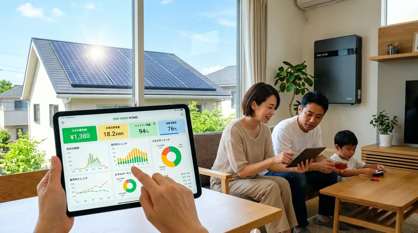毎月の削減額と投資回収シミュレーションをタブレットで確認する住宅オーナー