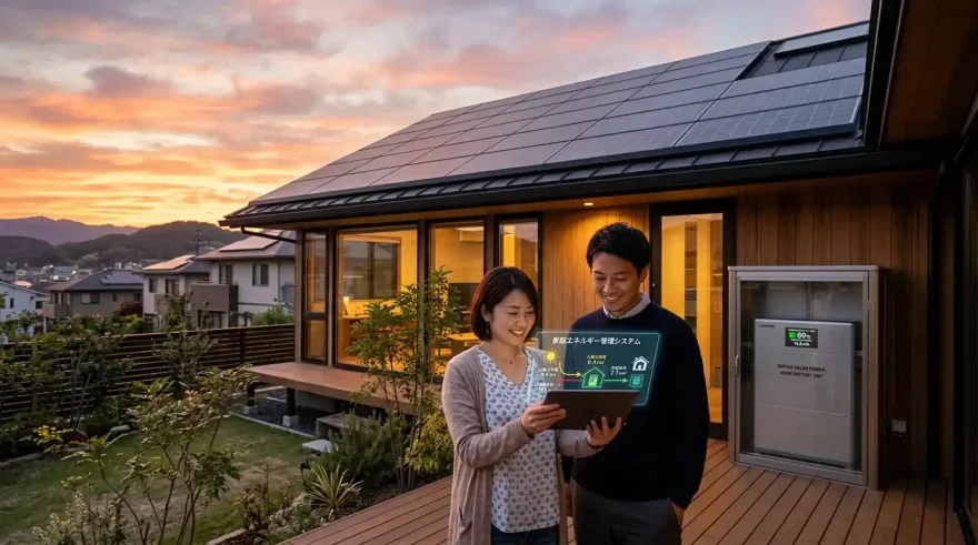 住宅に設置された太陽光パネルと家庭用蓄電池のエネルギー機器システム